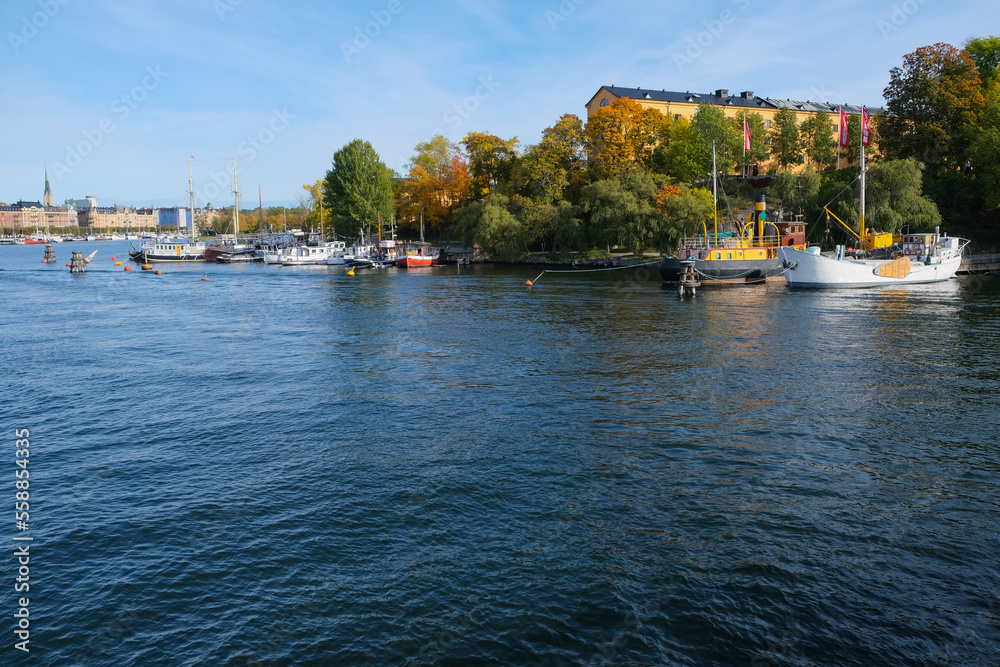 Different colorful boats staying in marina in Stockholm, Sweden