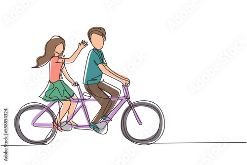 Continuous one line drawing romantic couple. Happy couple is riding tandem bicycle together. Happy family. Intimacy celebrates wedding anniversary. Single line draw design vector graphic illustration