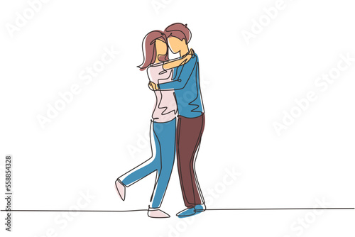 Single one line drawing cute couple in romantic pose. Happy man hugging his partner woman. Intimacy celebrates wedding anniversary. Modern continuous line draw design graphic vector illustration