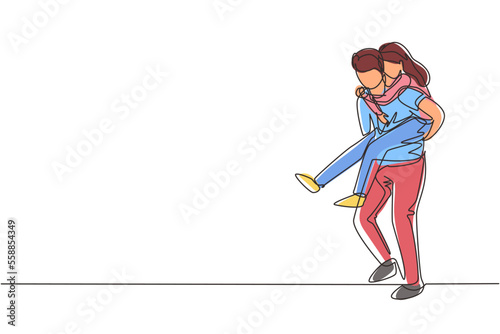 Single continuous line drawing Man carry his girlfriend on his back. Happy romantic couple in love. Relationship concept in always supporting and helping in any situation. One line draw graphic vector