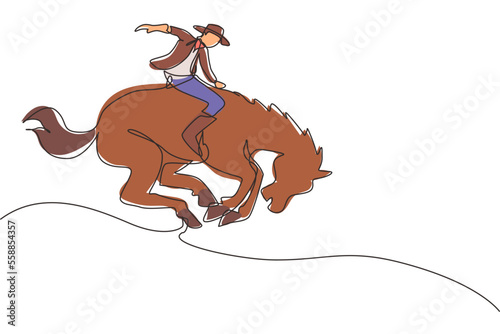Single one line drawing cowboy taming wild horse at rodeo. cowboy on wild horse mustang. Rodeo cowboy riding wild horse on wooden sign. Modern continuous line draw design graphic vector illustration