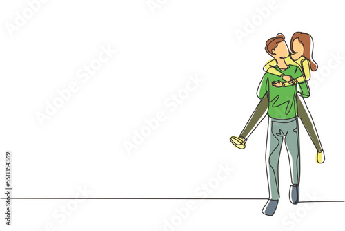 Single continuous line drawing happy man carrying and embracing woman. Happy romantic couple in love. Young couple relationship celebrate wedding anniversary. One line draw graphic design vector