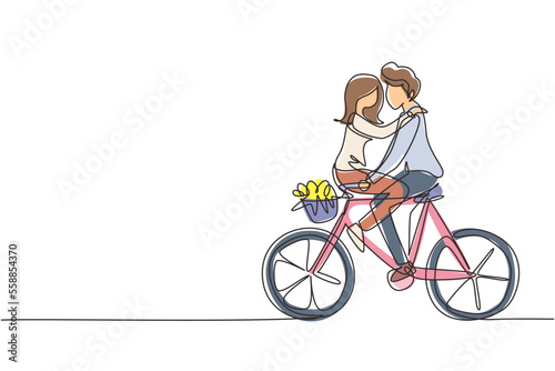 Continuous one line drawing happy young man and woman riding bicycle face to face. Happy romantic couple is riding bicycle together. Happy family. Single line draw design vector graphic illustration