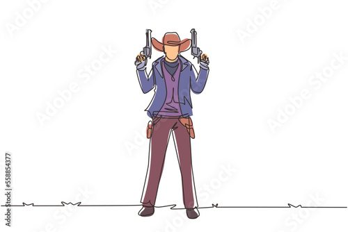 Single continuous line drawing American cowboys holding and raised his two guns up. Old wild west gunslinger holding two guns. Weapons for self-defense. Dynamic one line draw graphic design vector