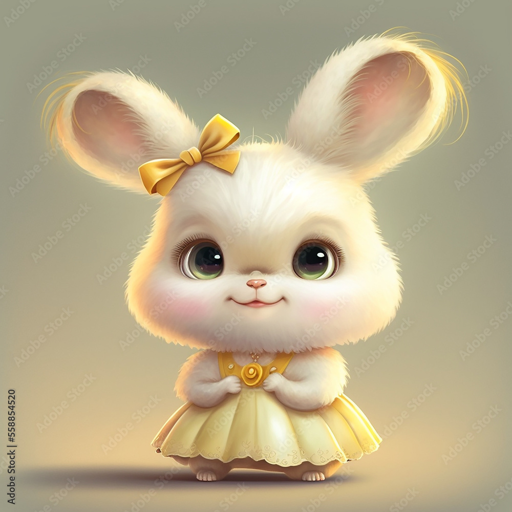 super cute white bunny, cartoon character design in Pixar style. Bright big  eyes, Fluffy ears, Chinese zodiac, lunar new year, Chinese new year. Stock  Illustration