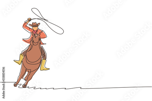 Continuous one line drawing cowboy with rope lasso on horse. American cowboy riding horse and throwing lasso. Cowboy on bucking horse running with lasso. Single line design vector graphic illustration
