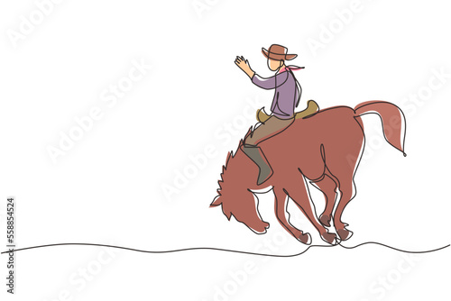 Continuous one line drawing cowboy riding bucking bronco at sunset. Rodeo cowboy at horse ranch. Wild horse race. Cowboy taming wild horse at rodeo. Single line draw design vector graphic illustration