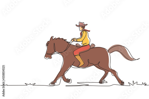 Continuous one line drawing the wild west and desert with cowboy riding horse. Mustang and person outdoor at sunset. Cowboy and horse icon or logo. Single line draw design vector graphic illustration