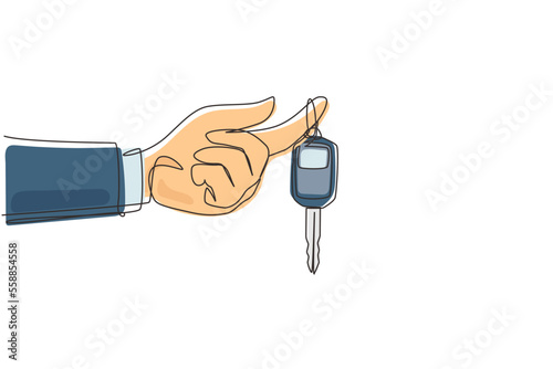 Single one line drawing hand holding hanging car key and alarm system. Hand holding car key with alarm keychain. Hand of car salesman manager holding key. Continuous line draw design graphic vector