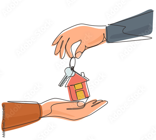 Continuous one line drawing hand giving house keys to customer. Businessman in suit giving house key. Mortgage, credit or buying property concept. Single line draw design vector graphic illustration