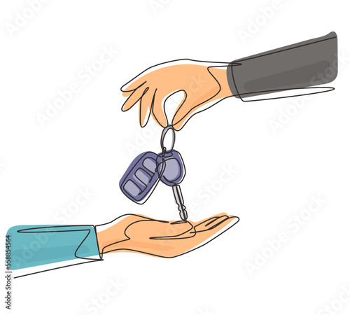 Continuous one line drawing car seller hand giving key and alarm system to buyer. Car rental for sale concept. Hand of car salesman manager holding key. Single line draw design vector illustration