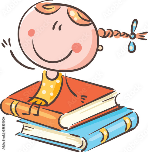 Doodle child with books. Cartoon little girl sitting on books. Vector clip art illustration