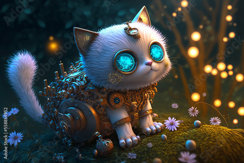 The cutest mechanical cat is sitting in the colorful and fanciful forest. Generative AI.