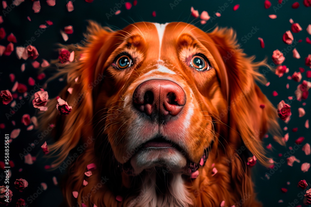 Charming red-haired  dog  red flower petals as background , in love on valentines day. Generative AI