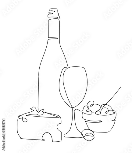 Leisure concept, wine time. Vine set Seamless Pattern. One line background cheese and vine bottle and glass. Oneline Continuous doodle drawing style. Vector illustration. Line art Poster EPS10