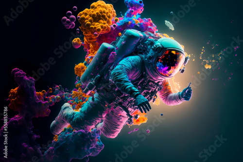 astronaut in galaxy, helmet reflecting, bright stars and galaxies projected . Generative AI