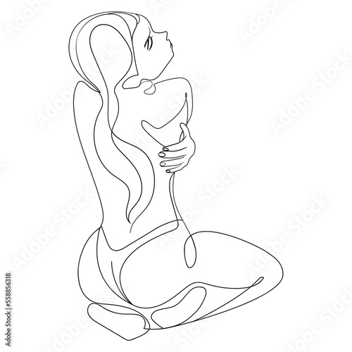 Nude woman continuous line drawing vector illustration.Young woman sitting back in a beautiful pose and hugging herself Minimalist design Female body sexy art.Trenidi minimal art poster,print