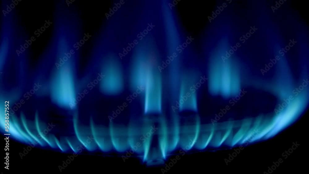 Blue fire from gas stove on domestic kitchen with burning flames of propane or natural gas.