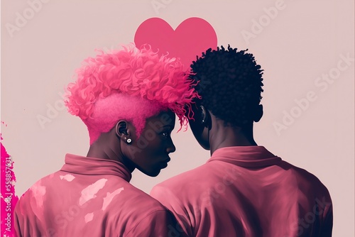 illustration of young Black BIPOC queer genderfluid couple, LGBTQ+, pink, heart, valentine theme