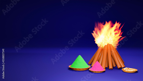 3D Render Of Holi (Holika Dahan) Festival Elements As Bonfire, Indian Sweet (Gujia), Color Powder (Gulal) Plates On Blue Background And Copy Space. photo