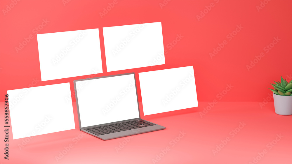 3D Render Of Isolated Laptop With Blank Floating Screen Mockup And Plant Pot On Red Background. 3D Render Of Isolated Laptop With Blank Floating Screen Mockup And Plant Pot On Red Background.