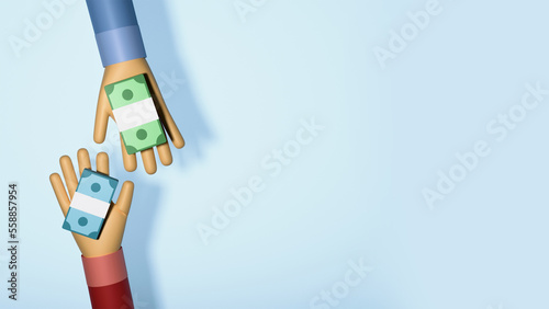 Top View Of Human Hands Holding Currency Banknote For Exchange Money Concept Against Light Turquoise Background And Copy Space. 3D Rendering.