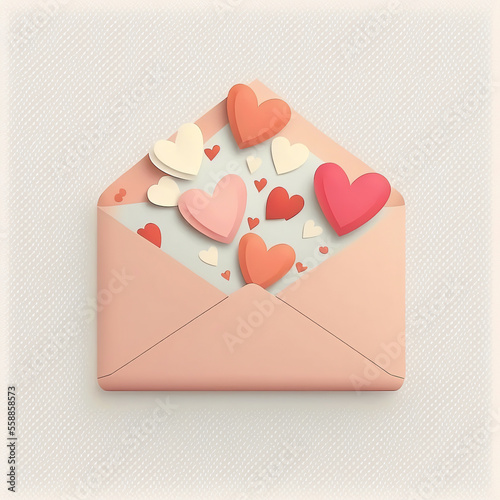 3D Render of Flying Paper Hearts From Envelope In Pastel Color.