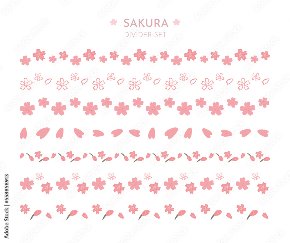 Set of hand drawn cute sakura flower line dividers decoration