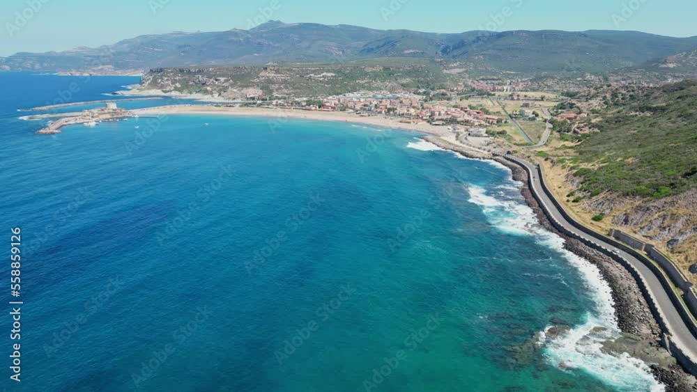 Coastal Road and Blue Bay at Bosa Marina, Sardinia, Italy - 4k Aerial Coastal Road and Blue Bay at Bosa Marina, Sardinia, Italy - 4k Aerial
