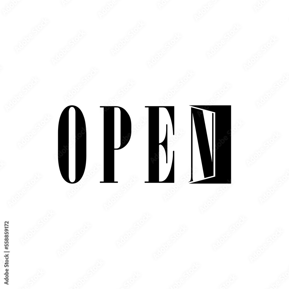 The door opens with the words open isolated on white background The door opens with the words open isolated on white background