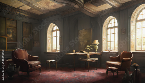 A painting of a desolate  British-style living room. Generative AI