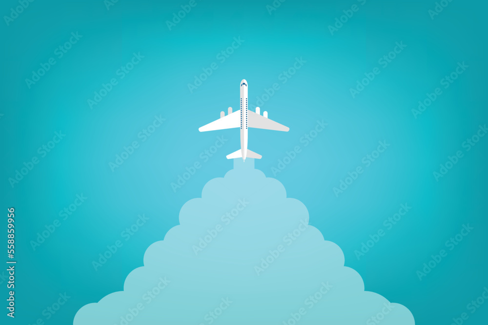 Airplane takeoff with clouds and background for text. Abstract air path of flight airplane. Vector illustration Airplane takeoff with clouds and background for text. Abstract air path of flight airplane. Vector illustration