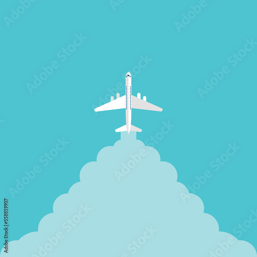 Airplane takeoff with clouds and background for text. Abstract air path of flight airplane. Vector illustration