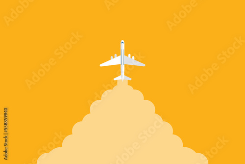 Airplane takeoff with clouds and background for text. Abstract air path of flight airplane. Vector illustration