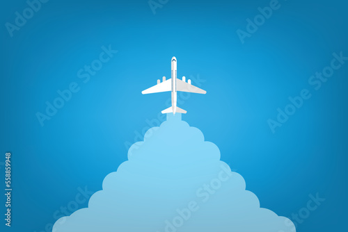 Airplane takeoff with clouds and background for text. Abstract air path of flight airplane. Vector illustration