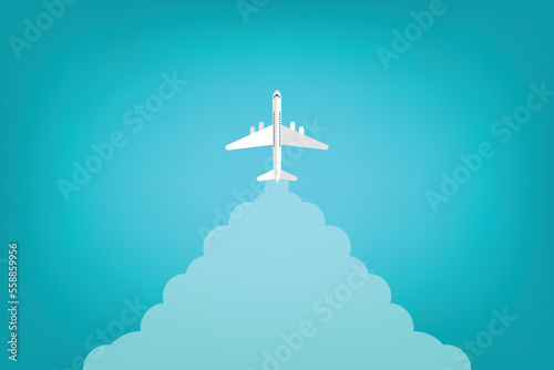 Airplane takeoff with clouds and background for text. Abstract air path of flight airplane. Vector illustration