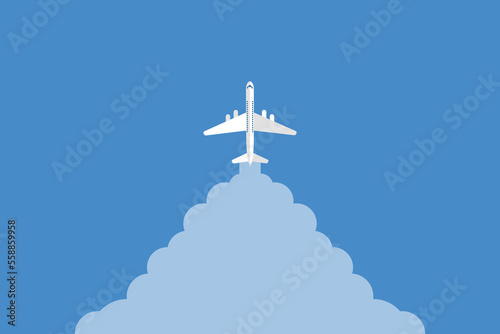 Airplane takeoff with clouds and background for text. Abstract air path of flight airplane. Vector illustration