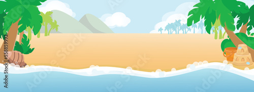 Deserted sea beach with mountains  palm trees  shell  sand and wave in cartoon style. Horizontal banner as a background for your design. Tourism and recreation near the water.