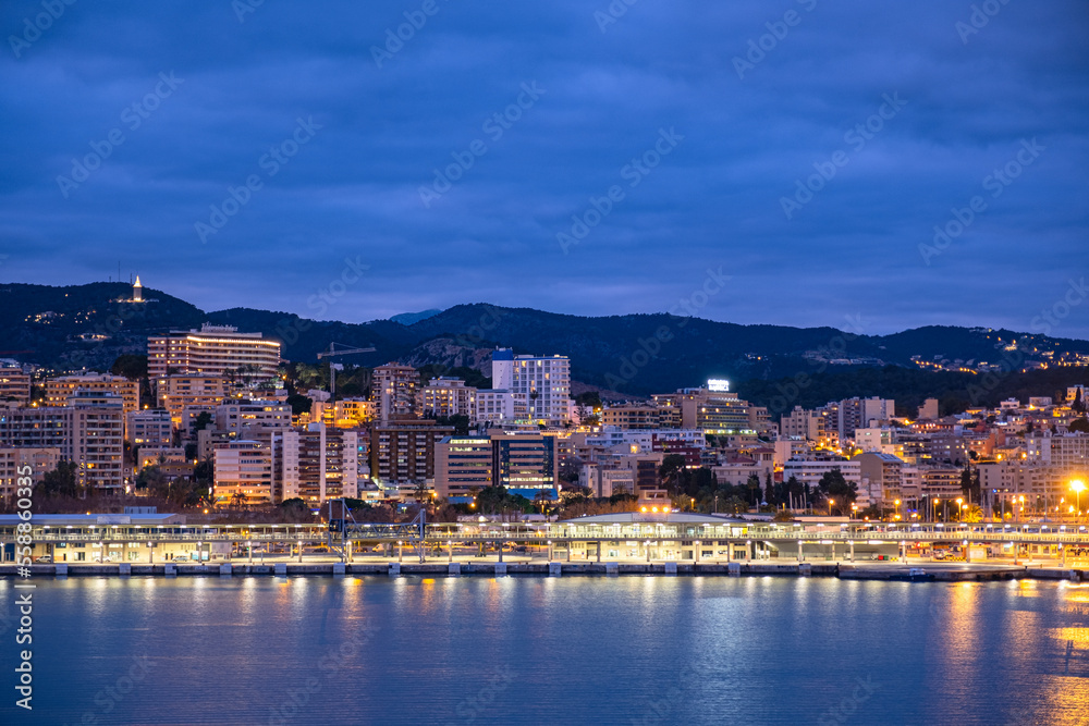 Palma de Mallorca, Balearic Islands. Spain. Evening view of the Portopi area from the open deck of a cruise ship