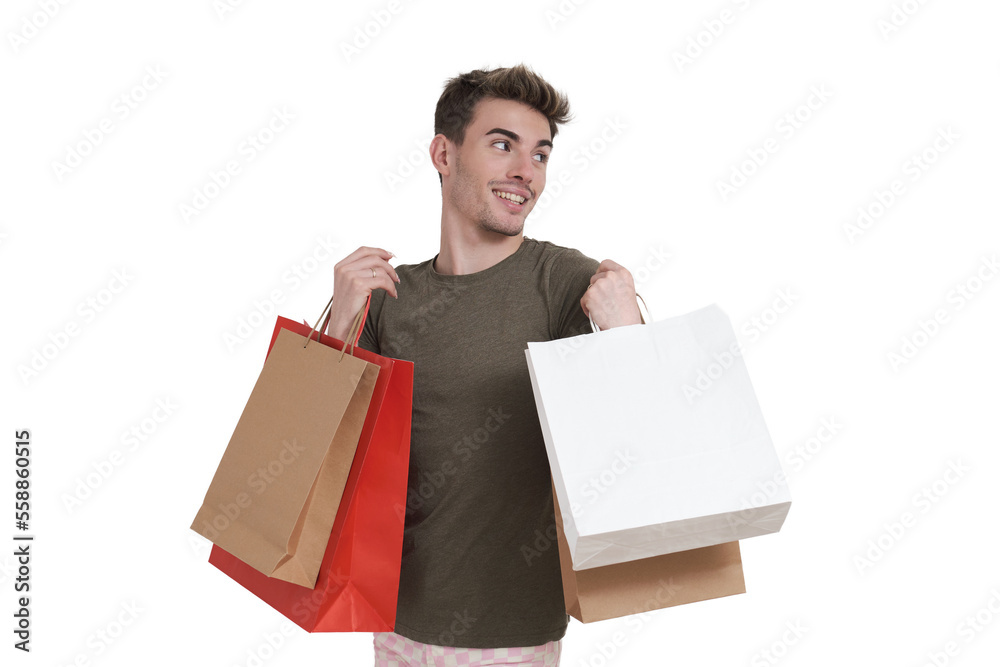 Young caucasian man smiling and holding shopping bags, isolated on white background. Young caucasian man smiling and holding shopping bags, isolated on white background.