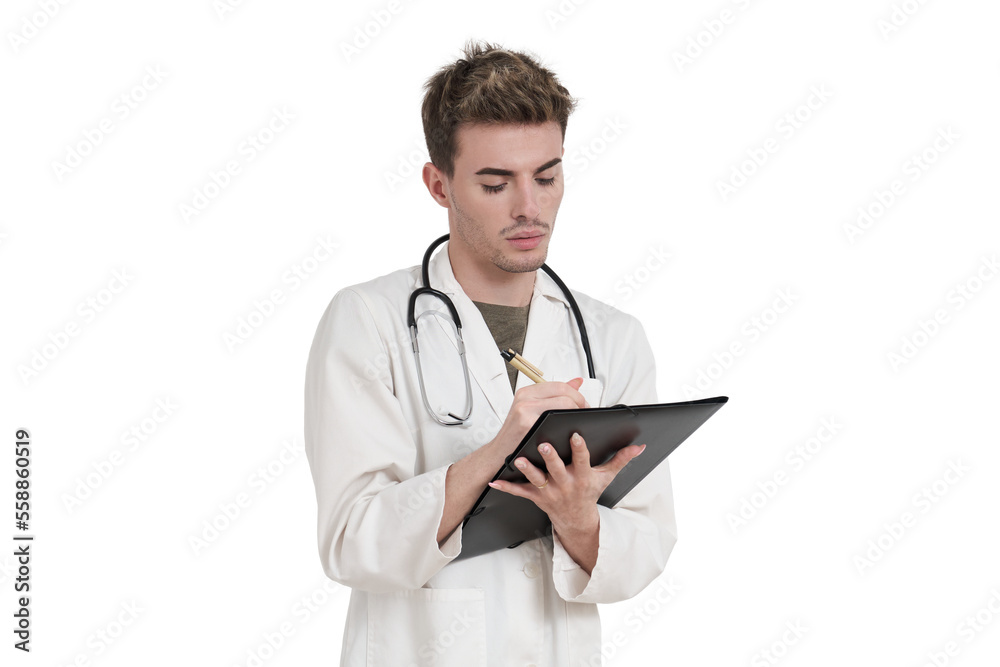 Young caucasian male doctor writing a medical report, isolated over white background.