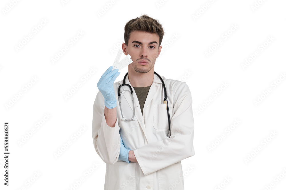 Young caucasian male doctor holding negative covid-19 antigen test. Isolated over white background. Young caucasian male doctor holding negative covid-19 antigen test. Isolated over white background.