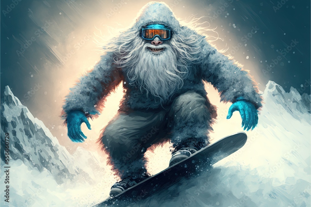 Bigfoot snowboarding. Yeti riding snowboard. Winter sports character illustration generative ai - obrazy, fototapety, plakaty 