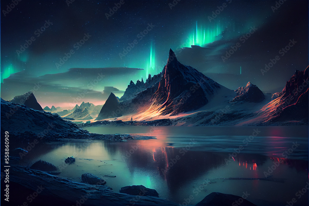 Northern lights reflecting on a lake in the mountains, generative ia