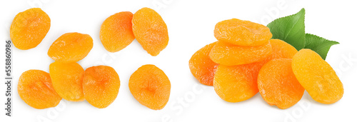 Dried apricots isolated on white background with full depth of field. Top view. Flat lay