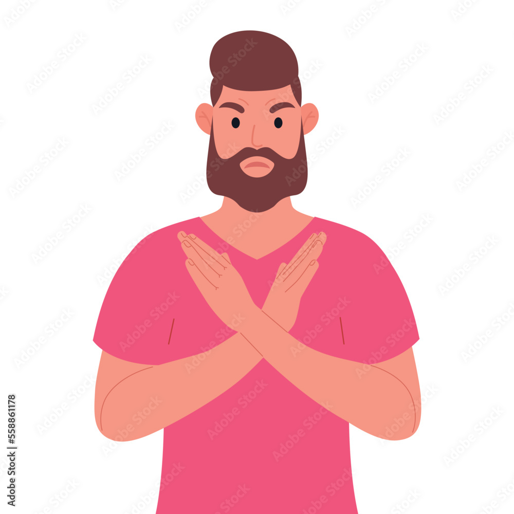 Bearded man in pink t-shirt making X shape, stop sign with hands and negative expression. Vector illustration. Bearded man in pink t-shirt making X shape, stop sign with hands and negative expression. Vector illustration.