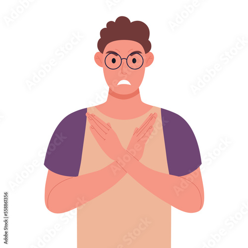 Curly young man in glasses making X shape, stop sign with hands and negative expression. Vector illustration.