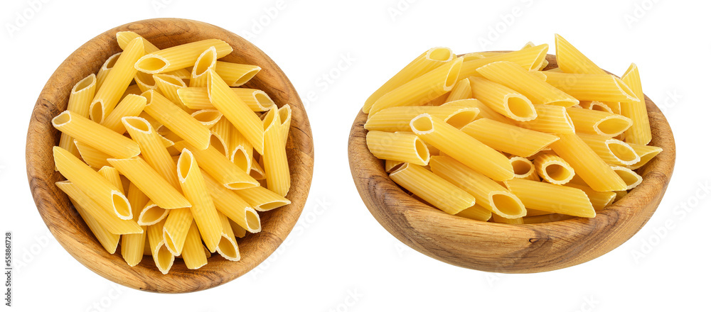 Raw italian penne rigate pasta in wooden bowl isolated on white background with full depth of field. Top view. Flat lay Raw italian penne rigate pasta in wooden bowl isolated on white background with full depth of field. Top view. Flat lay