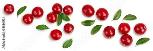 Cranberry with leaves isolated on white background with full depth of field. Top view with copy space for your text. Flat lay © kolesnikovserg