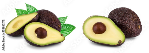 avocado and half with leaves isolated on white background